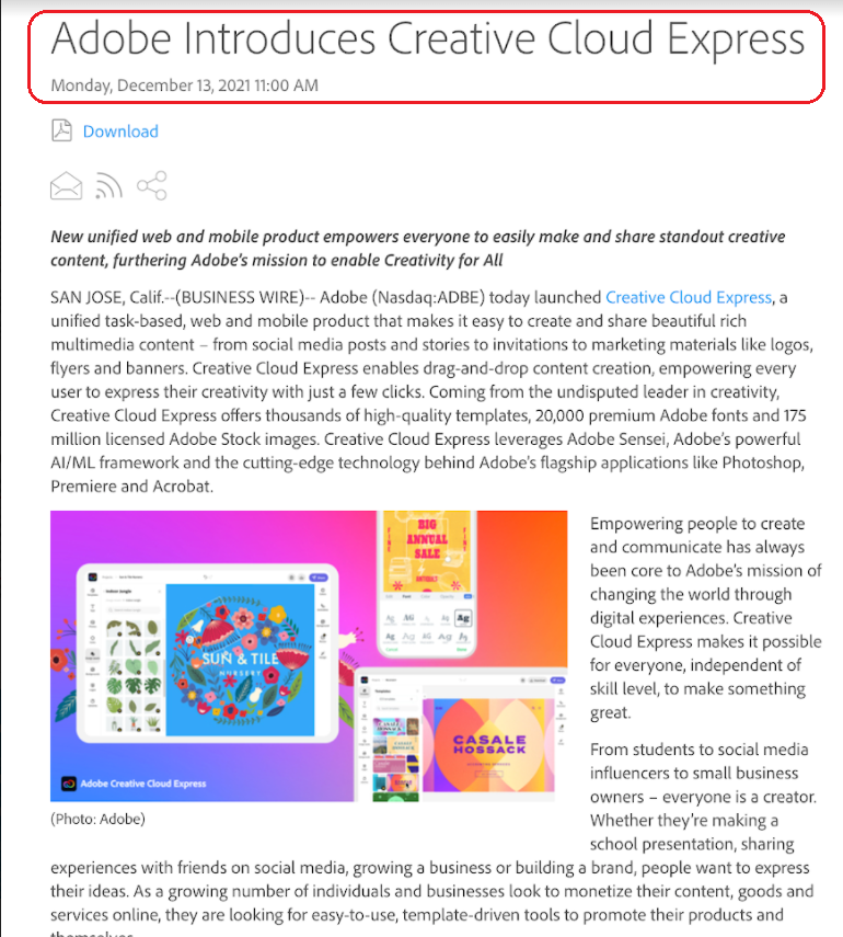 Adobe press release example