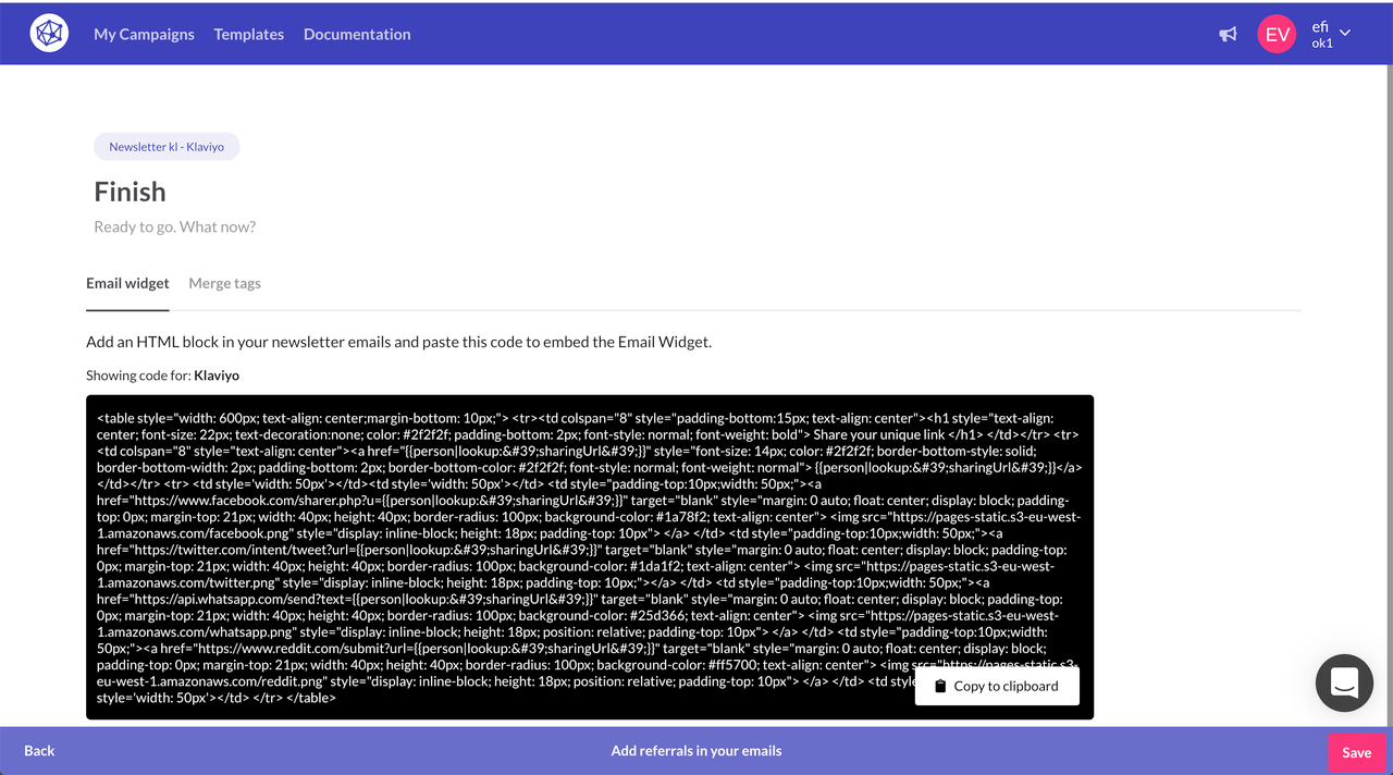 Newsletter referral widgets for Klaviyo emails