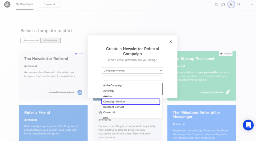 Campaign Monitor and Viral Loops integration platform selection